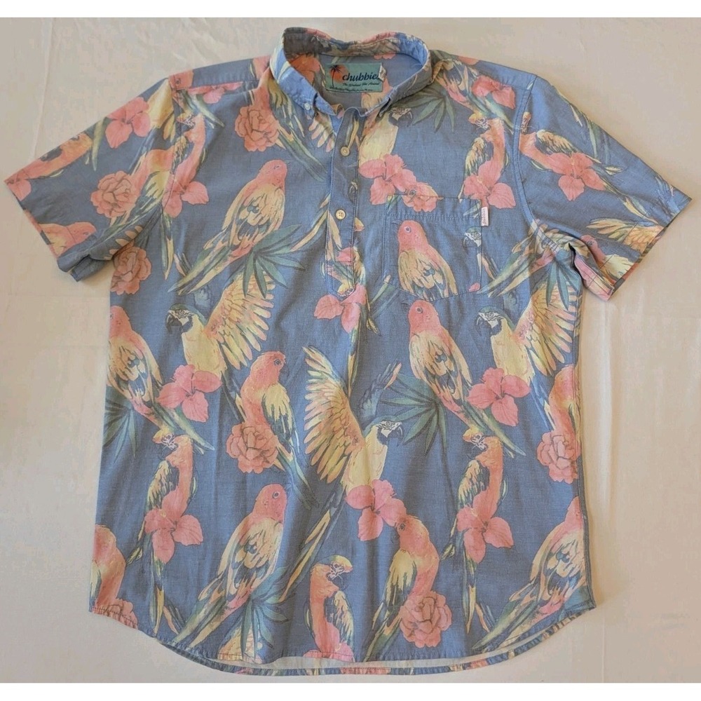 Chubbies Hawaiian Shirt Blue Floral Parrot Macaw Tropical Pullover S/S Men's Lg